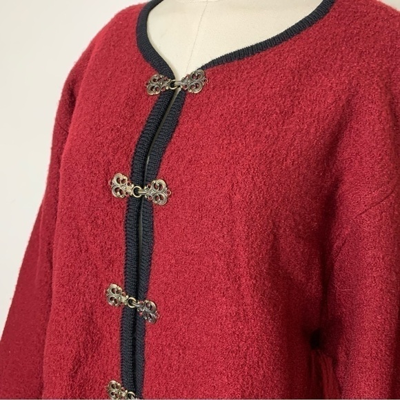 𝅺VINTAGE 80's Feu Rouge Embroidered Country Red pure Wool Shacket Cardigan Sz L - Picture 5 of 13